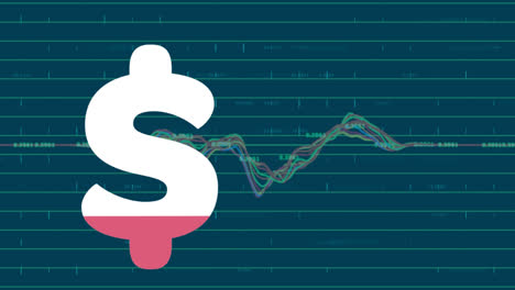Animation-of-dollar-sign-filling-up-with-pink-and-financial-data-processing