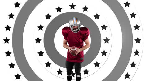 Caucasian-male-rugby-player-throwing-a-ball-against-stars-on-spinning-circles-on-white-background