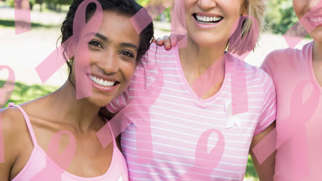 Animation-of-multiple-pink-ribbon-log-over-diverse-group-of-smiling-women