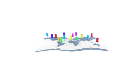 Animation-Von-Mehrfarbigen-Standort-Pins-über-Einer-Karte-Auf-Weißem-Hintergrund
