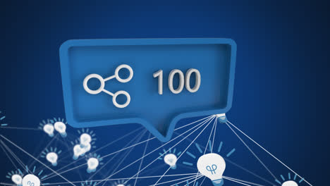 Speech-bubble-with-share-icon-and-increasing-numbers-against-network-of-bulb-icon-on-blue-background