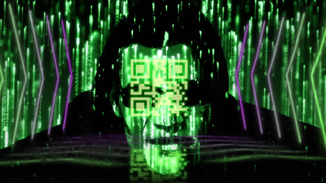 Digital-animation-of-neon-qr-code-and-glowing-lines-over-green-light-trails-falling-on-male-hacker