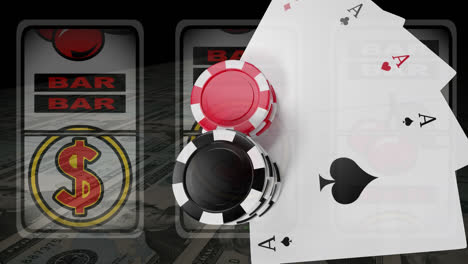 Vier-Asse-Und-Casino-Chips-Gegen-Jackpot-Spielautomaten-Gegen-Amerikanische-Dollarnoten