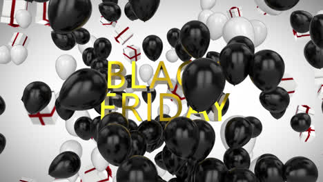 Animation-of-black-friday-text-over-balloons-and-present-on-white-background