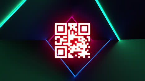 Digital-animation-of-glowing-neon-pink-qr-code-over-glowing-neon-colorful-tunnel-on-black-background