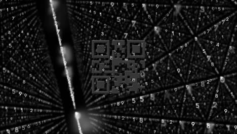 Digital-animation-of-glowing-neon-red-qr-code-against-rows-of-changing-numbers-on-black-background