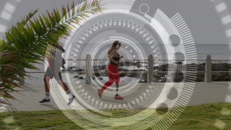 Animation-of-scope-scanning-over-woman-with-artificial-limb-running-by-seaside