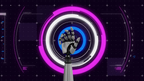 Animation-of-robot's-arm-turning-over-scopes-scanning-on-purple-background