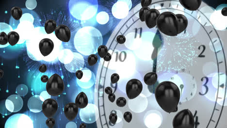 Mehrere-Schwarze-Ballons-Schweben-über-Einer-Uhr,-Die-Bis-Mitternacht-Tickt,-Vor-Blauen-Lichtflecken