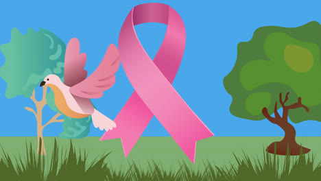 Animation-of-pink-ribbon-anchor-logo-over-trees-and-bird