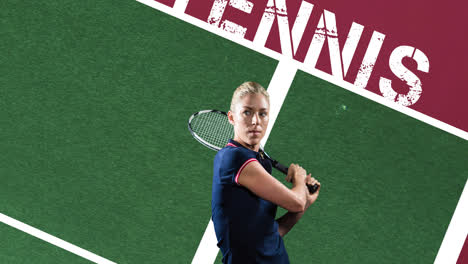Animation-of-caucasian-female-player-holding-racket-over-tennis-text-on-tennis-court