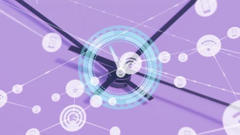 Animation-of-network-of-connections-with-icons-over-clock-on-purple