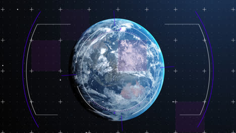 Animation-Des-Zielfernrohrscannens-Und-Der-Markierungen-über-Dem-Globus-Auf-Blauem-Hintergrund