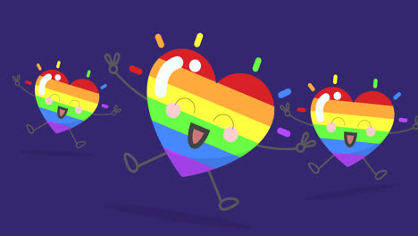 Digital-animation-of-three-cute-rainbow-colored-smiling-hearts-floating-against-blue-background