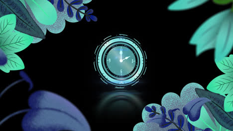Animation-of-frame-of-green-and-blue-foliage-with-clock-on-black-background