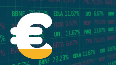 Animation-of-euro-sign-filling-up-with-yellow-over-financial-data-processing