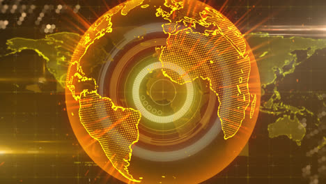 Animation-of-scope-scanning-over-glowing-yellow-world-map-on-brown-background