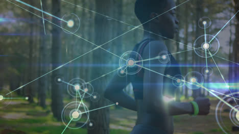Animation-Eines-Netzwerks-Von-Verbindungen-über-Eine-Frau,-Die-Im-Wald-Trainiert