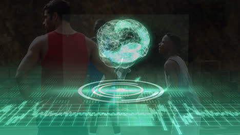 Animation-Des-Rotierenden-Menschlichen-Gehirns-Und-Der-Datenverarbeitung-Während-Eines-Basketballspiels