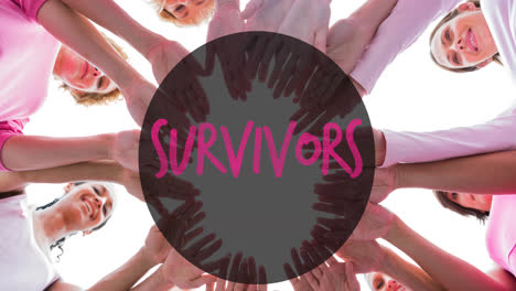 Animation-Des-Pink-Ribbon-Logos-Mit-Survivor-Text-über-Einer-Bunt-Gemischten-Gruppe-Lächelnder-Frauen