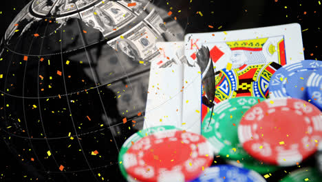 Animation-of-confetti-falling,-globe-with-american-dollars-over-casino-chips-and-cards