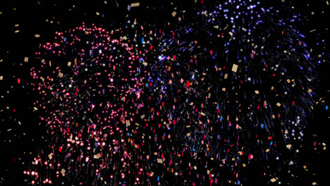 Animation-of-colourful-fireworks-and-confetti-falling-on-black-background