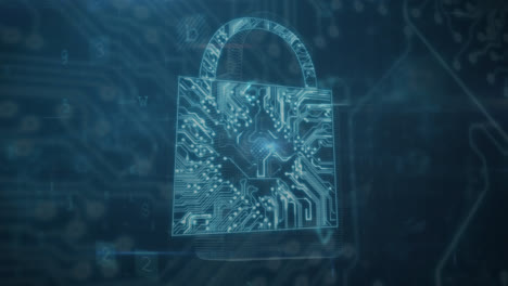 Animation-of-security-padlock-and-data-processing-on-dark-background