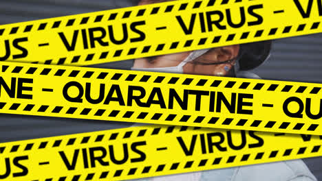 Animation-of-quarantine-and-virus-text-on-hazard-tape-over-woman-in-face-mask-coughing-in-street