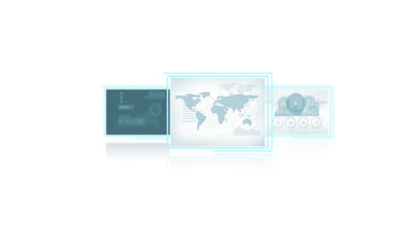 Animation-Von-Drei-Bildschirmen-Mit-Weltkarte-Und-Datenverarbeitung-Auf-Weißem-Hintergrund