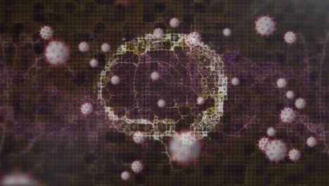 Digitale-Animation-Mehrerer-Covid-19-Zellen-Vor-Dem-Sich-Drehenden-Menschlichen-Gehirn-Auf-Schwarzem-Hintergrund