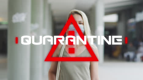 Animation-of-text-quarantine,-over-triangle,-with-woman-in-face-mask-in-city-street
