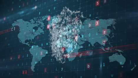 Sicherheitsschildsymbol-Und-Cybersicherheitsdatenverarbeitung-Vor-Weltkarte-Auf-Blauem-Hintergrund