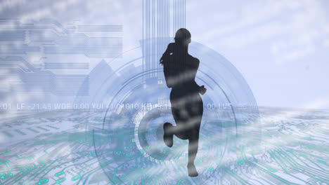 Animation-of-silhouette-of-female-runner-over-scope-and-circuit-boards-on-blue-background