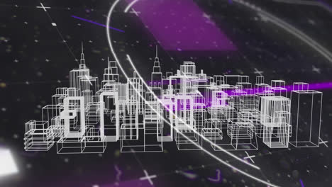 Lichtspuren-über-3D-Stadtmodell,-Die-Sich-Vor-Weißen-Partikeln-Auf-Schwarzem-Hintergrund-Drehen