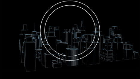 Animation-of-circles-over-3d-cityscape-spinning-on-black-background