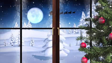 Animation-of-winter-scenery-with-christmas-decoration-seen-through-window