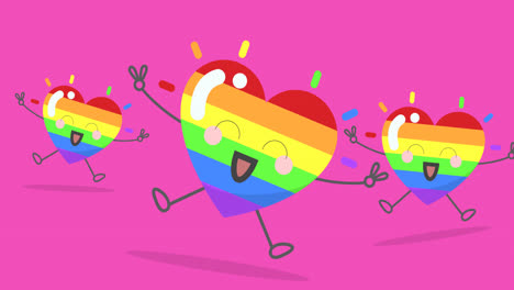Digital-animation-of-three-cute-rainbow-colored-smiling-hearts-icons-against-pink-background