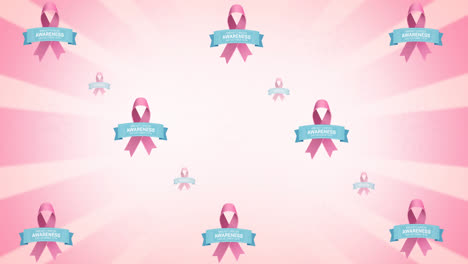 Animation-of-multiple-pink-ribbon-logo-and-breast-cancer-text-glowing-on-pink-background