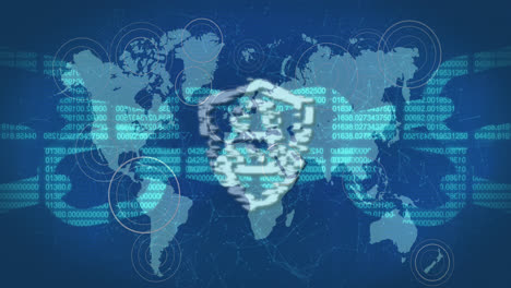 Cyber-Sicherheits-Vorhängeschloss-Und-Kette-Vor-Pulsierenden-Kreisen-über-Der-Weltkarte-Auf-Blauem-Hintergrund