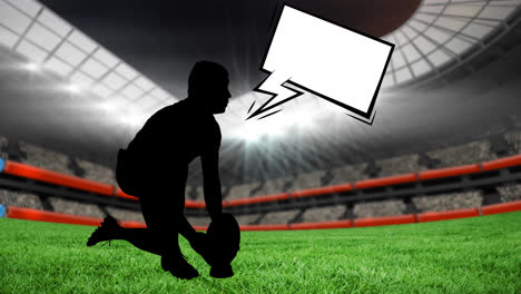 Animation-Der-Silhouette-Eines-Rugbyspielers-Und-Einer-Sprechblase-Mit-Kopierraum-über-Einem-Sportstadion