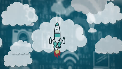Animación-Del-Cohete-Espacial-Despegando-Sobre-Iconos-En-Línea-Y-Nubes-Digitales-Sobre-Fondo-Azul