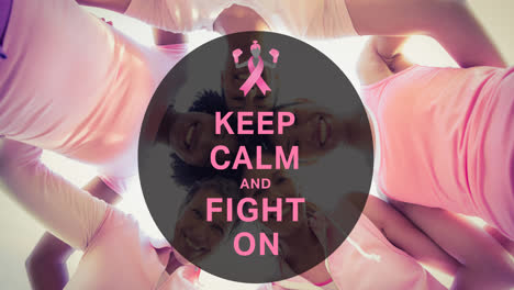 Animation-of-pink-ribbon-logo-with-breast-cancer-text-over-diverse-group-of-smiling-women