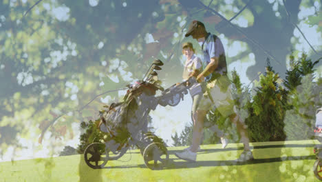 Animation-of-glowing-light-over-happy-senior-couple-walking-on-golf-course
