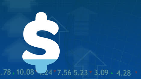 Animation-of-dollar-sign-filling-up-with-blue-and-financial-data-processing