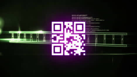 Digitale-Animation-Eines-Neon-QR-Codes-Vor-Der-DNA-Struktur-Und-Der-Datenverarbeitung-Auf-Schwarzem-Hintergrund