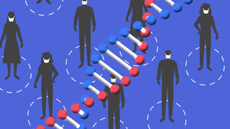 DNS-Struktur-über-Der-Silhouette-Von-Menschen,-Die-Vor-Blauem-Hintergrund-Soziale-Distanz-Wahren