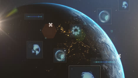 Animation-Von-Bereichen-Und-Datenverarbeitung-Auf-Bildschirmen-über-Einem-Globus-Auf-Blauem-Hintergrund