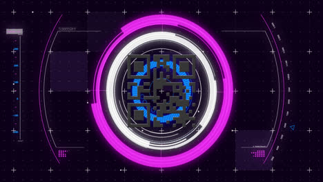 Digital-animation-of-qr-code-scanner-over-neon-round-scanner-on-blue-background