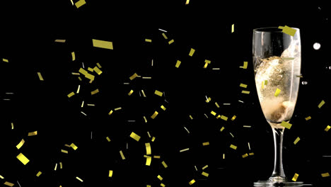 Animation-of-gold-confetti-with-diamonds-and-pearls-falling-champagne-glass-on-black-background