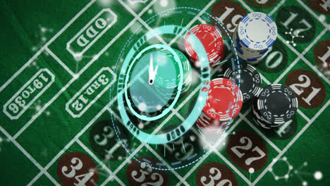 Animation-of-clock-with-turning-hands,-over-white-networks-and-poker-chips-stacked-on-gambling-table